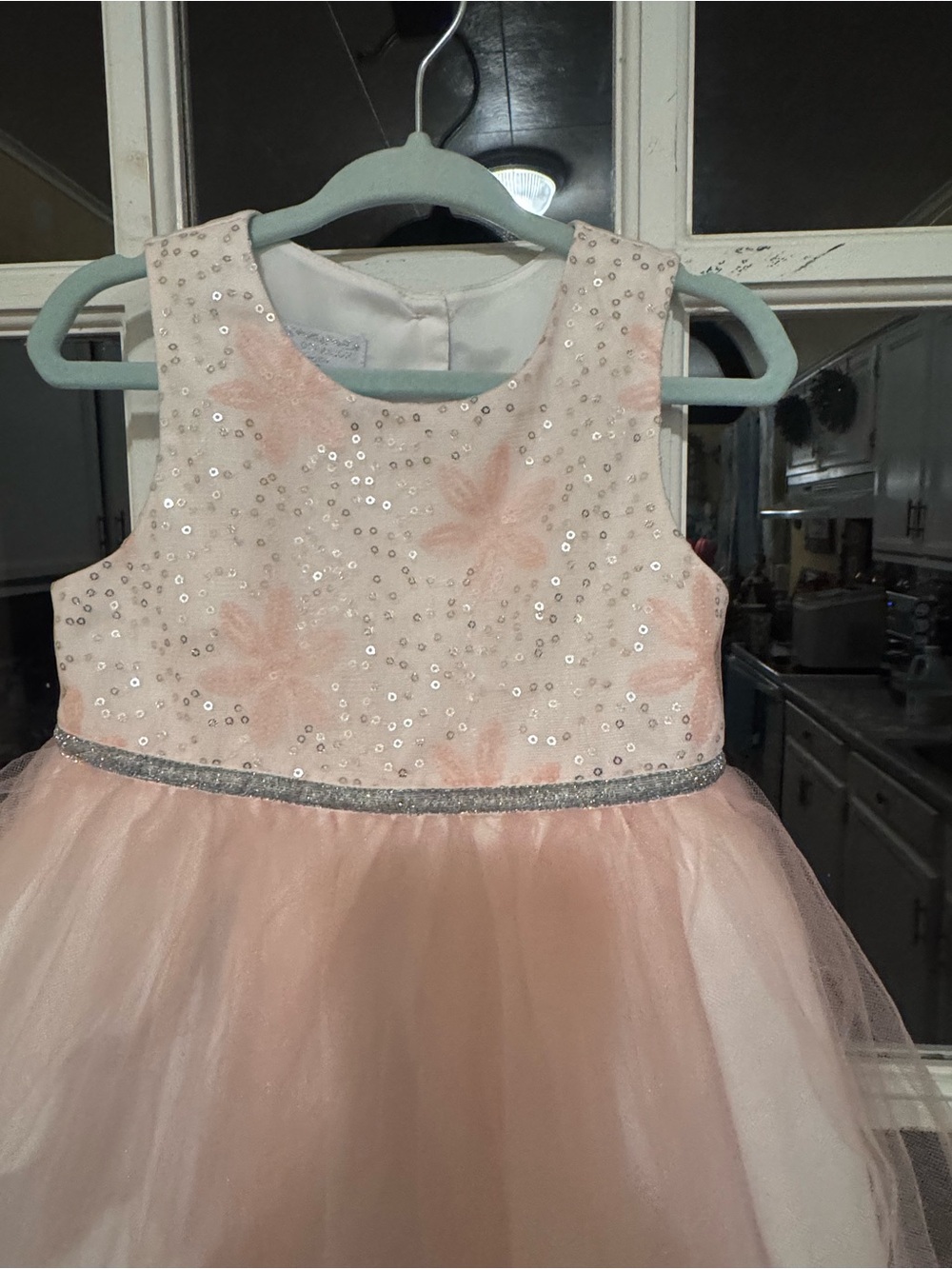 Blush Pink Sequin Tulle Party Dress with Silver Belt